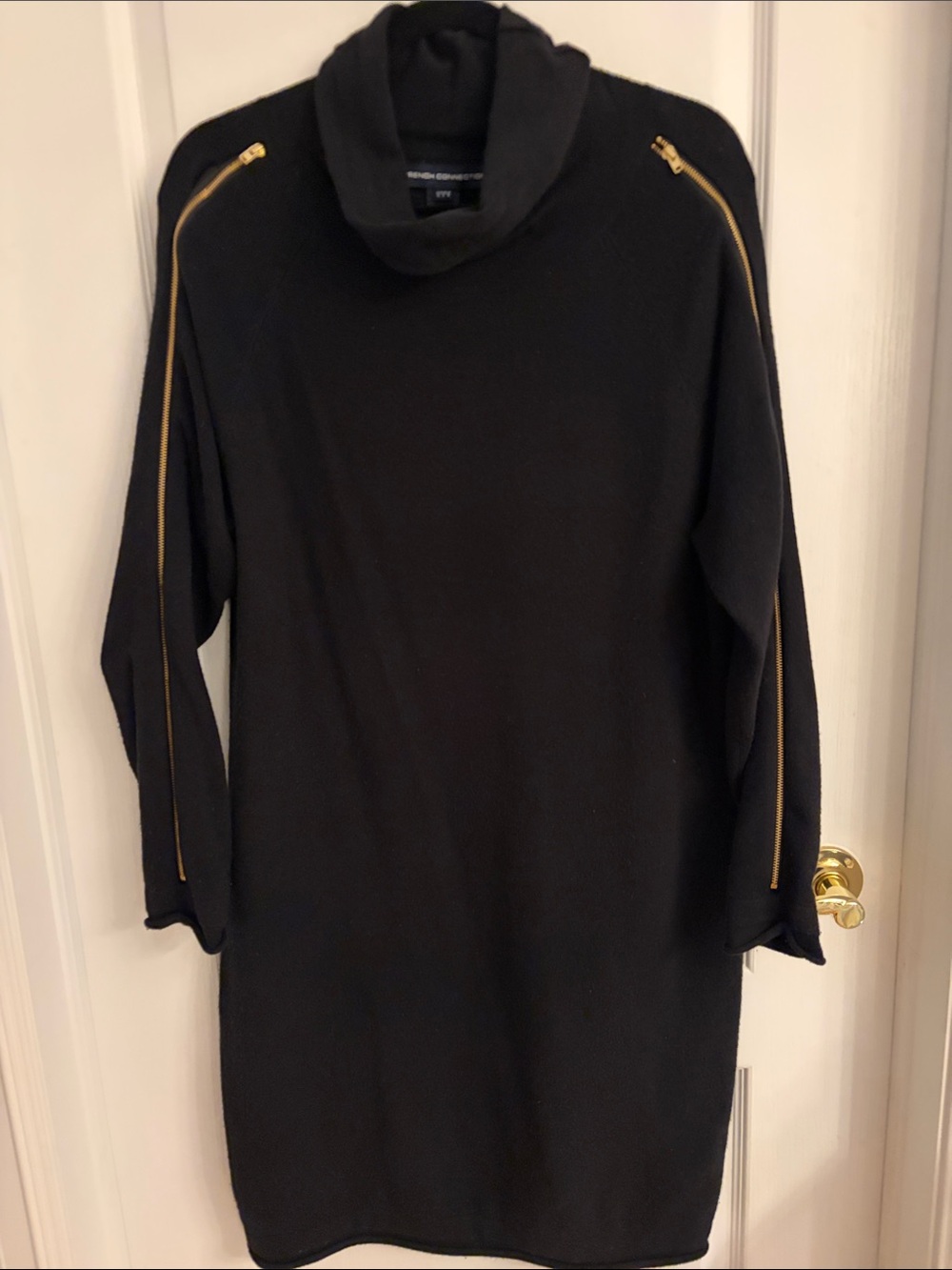 French Connection Black Turtleneck Sweater Dress with Gold Zippers